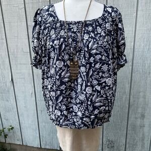 Lucky Brand Floral Boho‎ Blouse Womens L Square Neck Smocked Puff Sleeves Navy